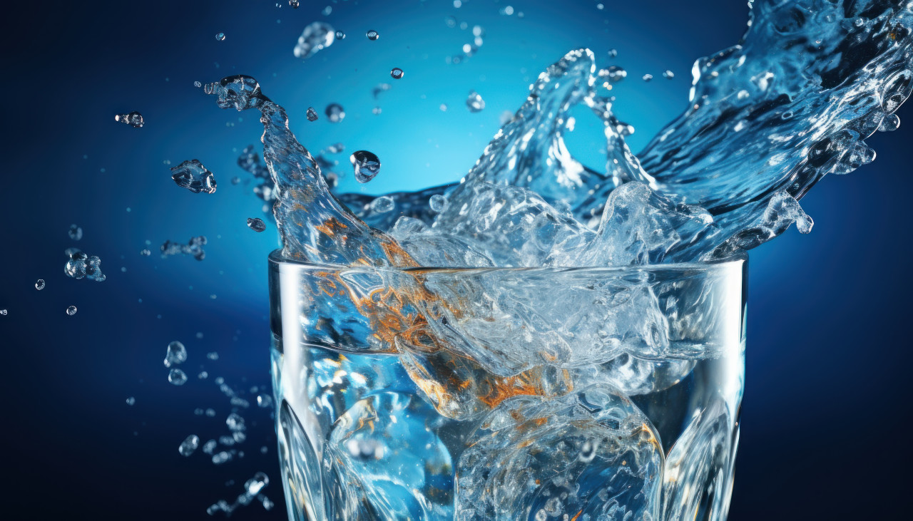 Crystal clear glass fills with water, water flow concept