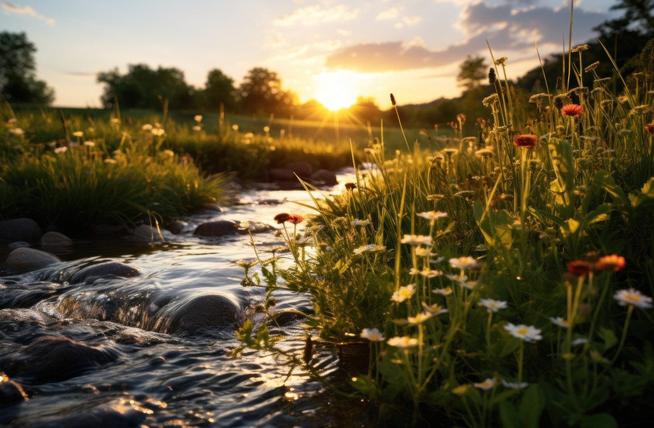 Serene stream winding through grass bathed in the golden hues of a beautiful sunset, water flow concept