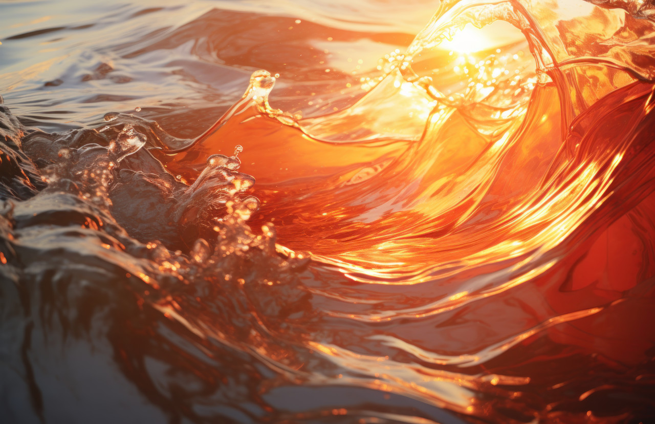 Sunset casts a warm glow on the waves creating a serene and captivating display of nature fluid dance in the water, water flow photo