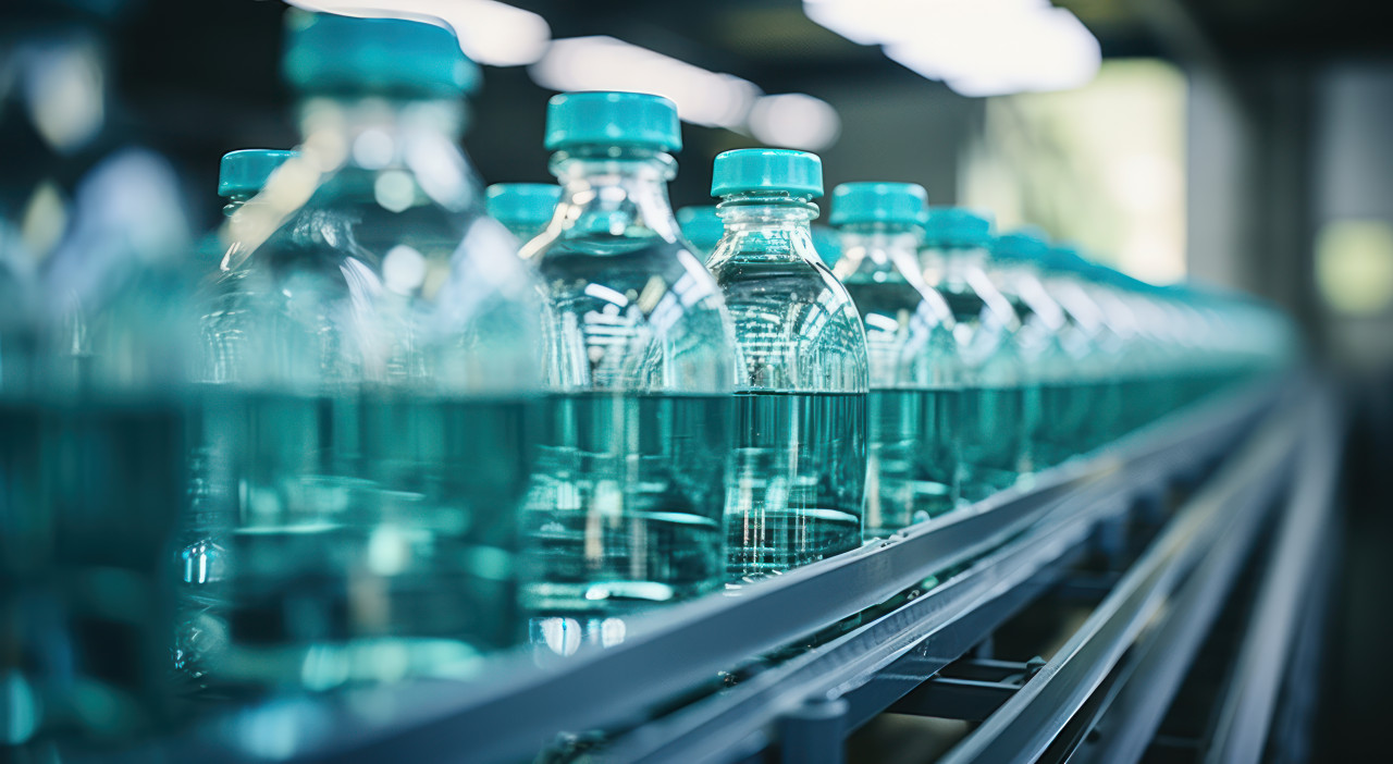 Water bottles lined up on conveyor belt, water in industry image