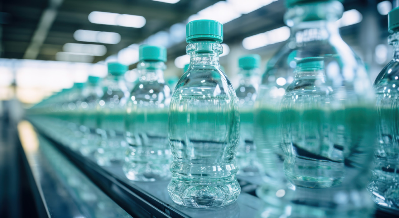 Many water bottles aligned on a factory production line, water in industry picture