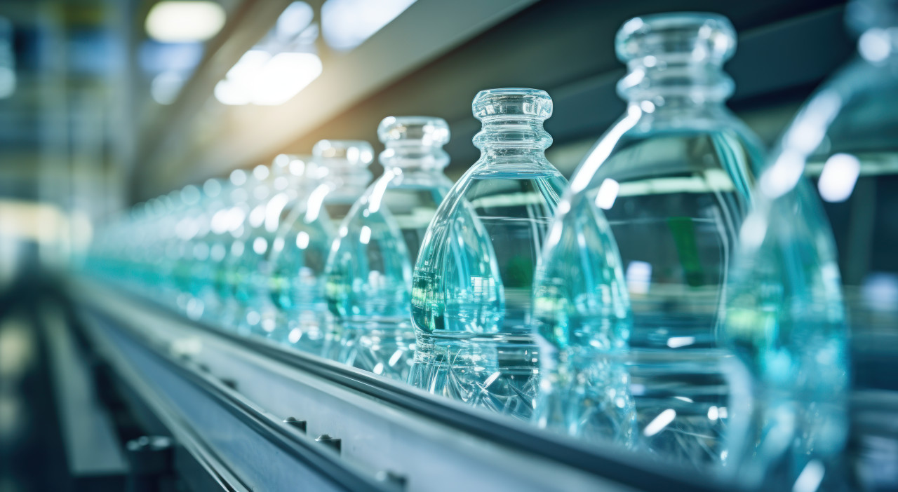 Factory production line with numerous water bottles in a row, water in industry photo