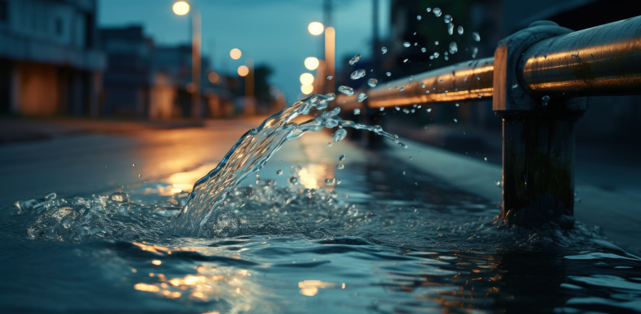 Water flowing from tap into street in the evening, water in industry concept