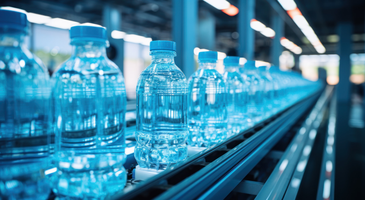 Automated production of bottled water at a plant with machinery and workers ensuring quality and efficiency, water in industry picture