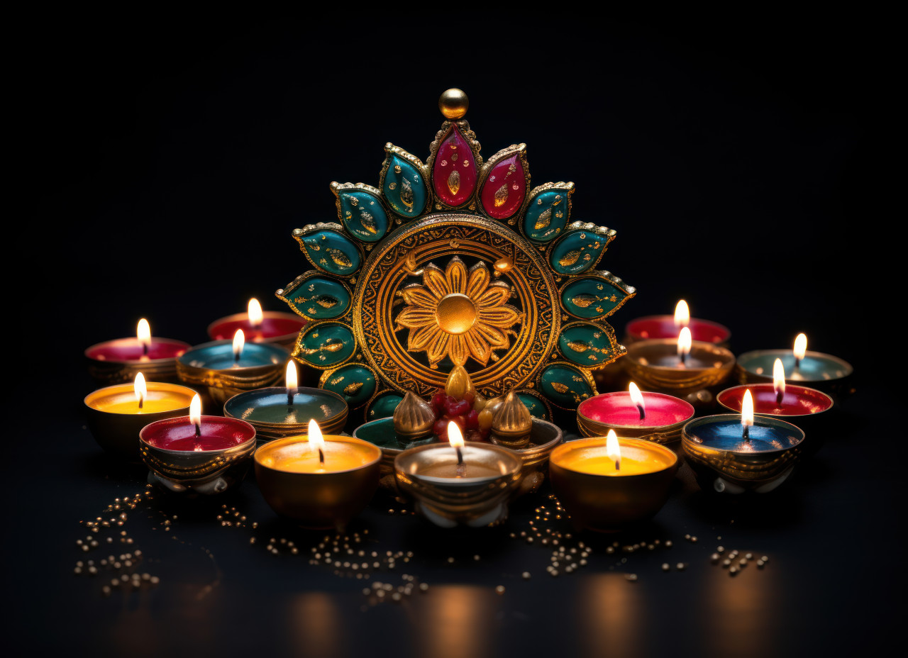 Colorful diwali lights arranged beautifully on a black background creating a festive and vibrant atmosphere, gudi padwa traditional decoration photo