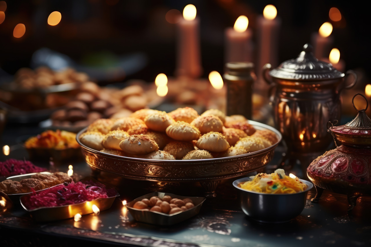 Diya celebration with diverse indian sweets from various regions, gudi padwa traditional decoration concept