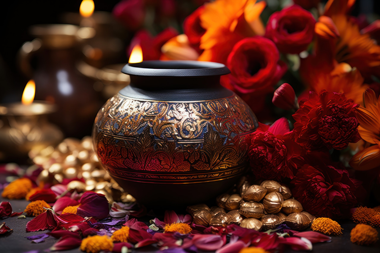 Gold plated copper urn beside vibrant petals and flowers, gudi padwa traditional decoration concept