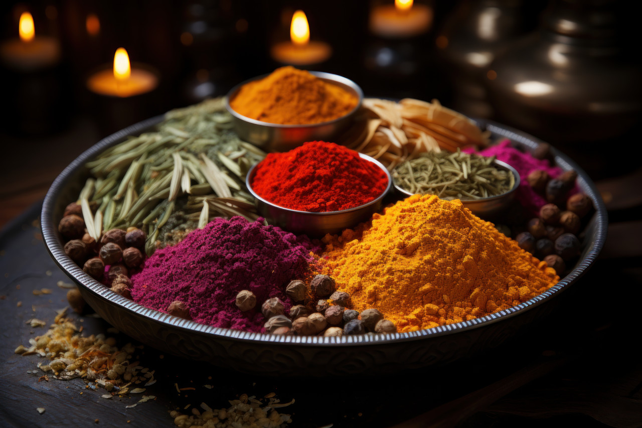 Joyful pooja celebration with vibrant powder on a plate spreading happiness and cultural traditions, gudi padwa traditional decoration photo