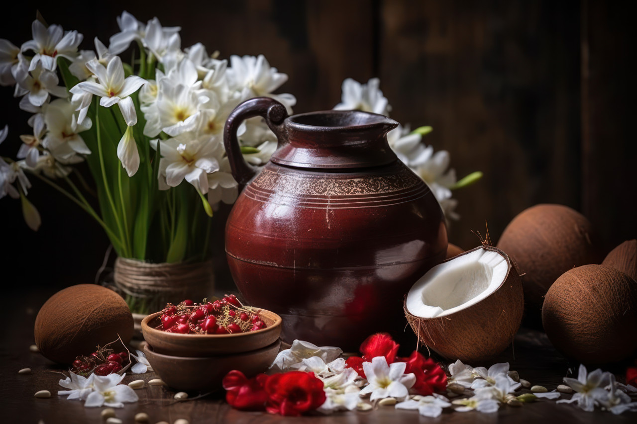 Coconut and flowers in metal pot part of hindu festival or gudi padwa celebration, gudi padwa traditional decoration photo