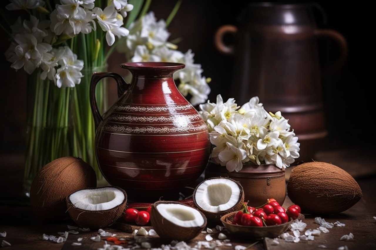 Coconut and flowers in metal pot for hindu festival pooja celebrating gudi padwa with traditional offerings in vibrant colors, gudi padwa