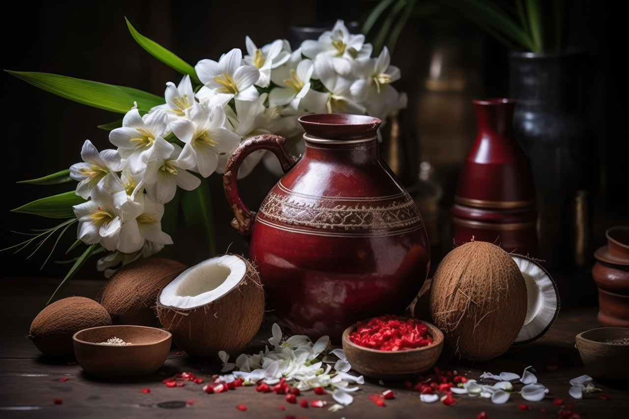 Coconut and flowers in metal pot part of hindu pooja festival or gudi padwa celebration, gudi padwa traditional decoration concept