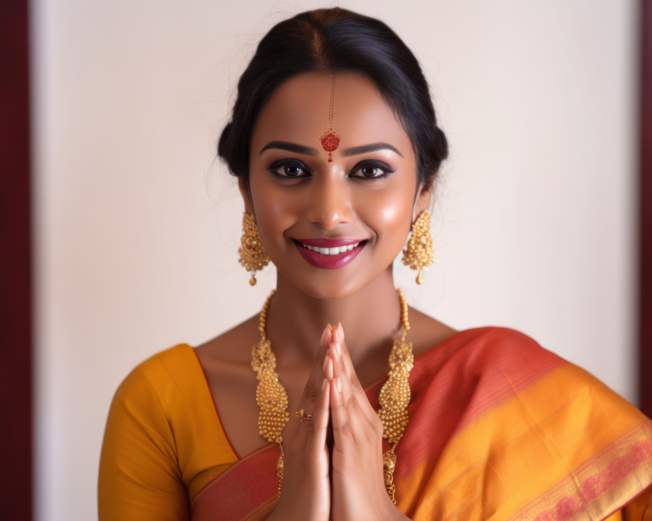 Indian marathi woman joyfully greeting during ganesh chaturthi celebration, gudi padwa traditional clothing photo