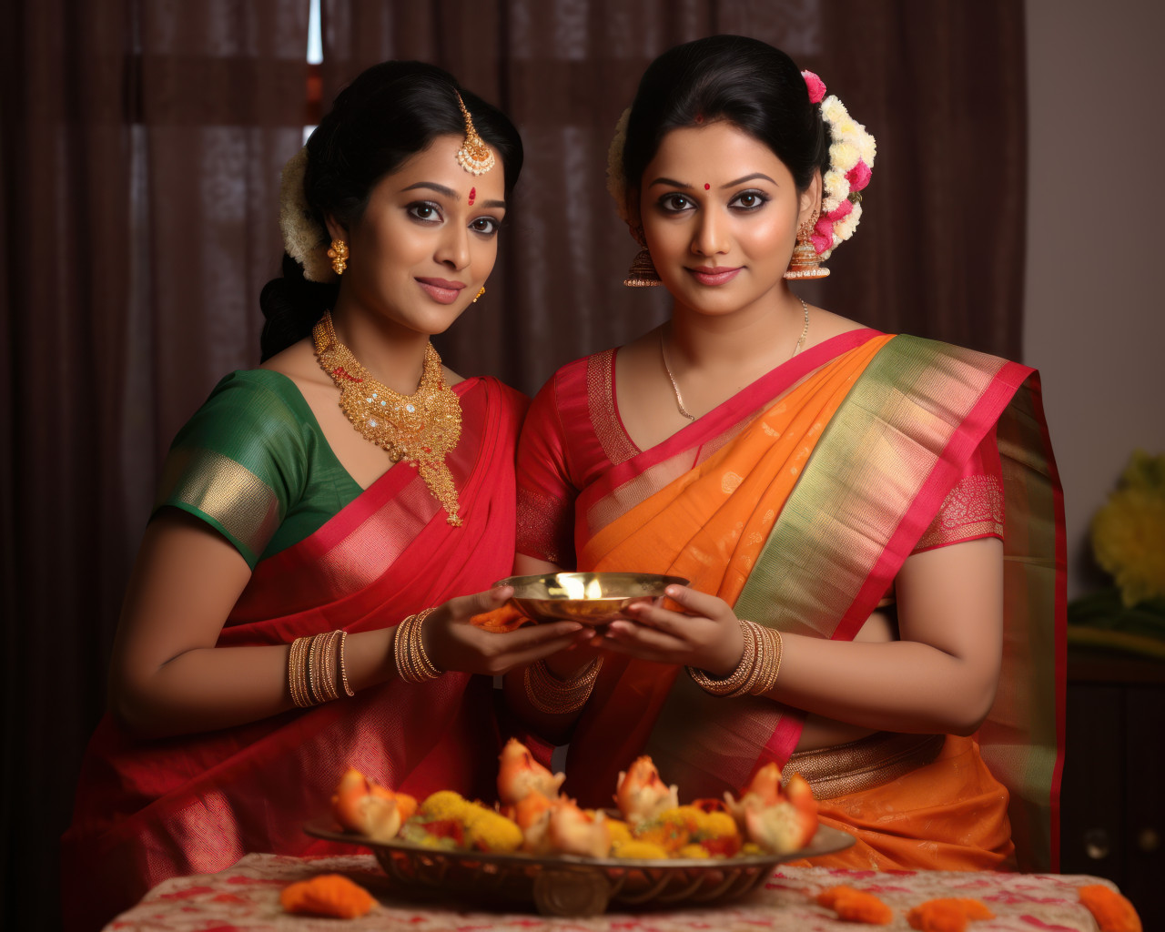 Indian marathi mother in law and daughter in law worshiping lord ganesha together on ganesh chaturthi in a joyous family celebration, gudi padwa traditional clothing photo