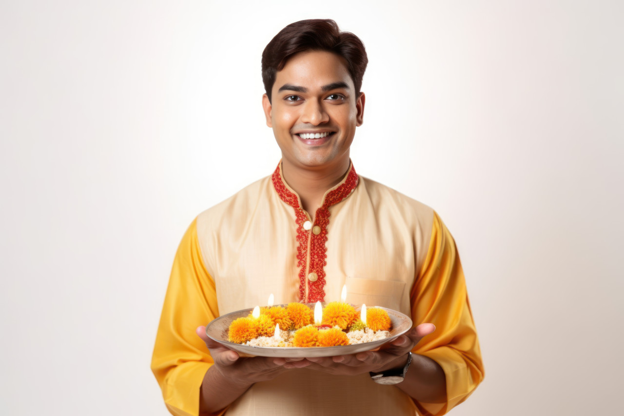 Indian man in traditional attire holds festive plate with marigold and diya lights celebrating diwali on a white background, gudi padwa