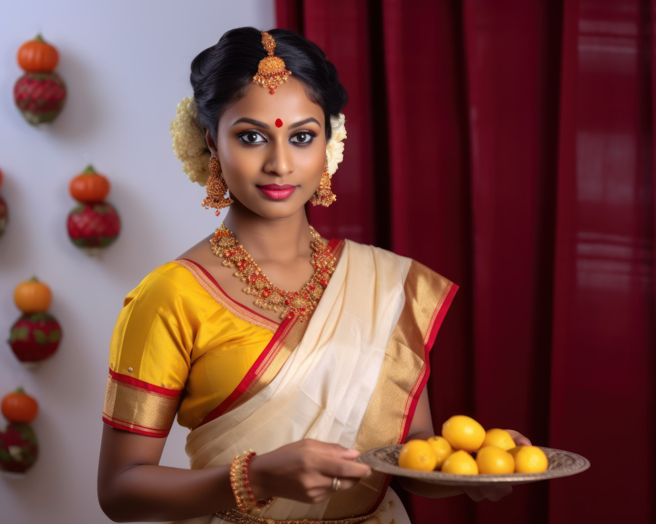 Indian marathi woman in traditional outfit celebrating cultural richness with sweet ladoo, gudi padwa traditional clothing photo