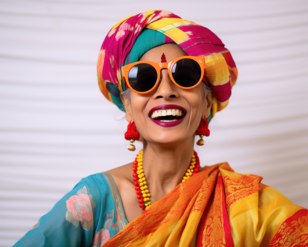 Happy indian marathi woman in turban and sunglasses smiling brightly with joy and radiance, gudi padwa traditional clothing photo