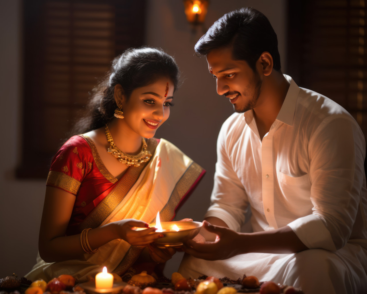 Indian marathi couple lighting oil lamp for ganesh chaturthi celebration, gudi padwa traditional clothing photo