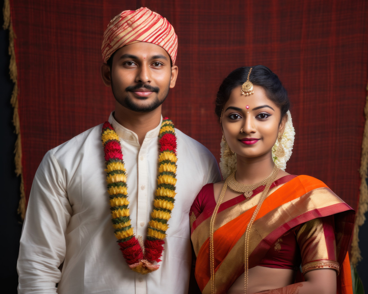 Indian marathi couple in traditional dress celebrating gudi padwa festival with joy and traditional rituals, gudi padwa traditional clothing photo
