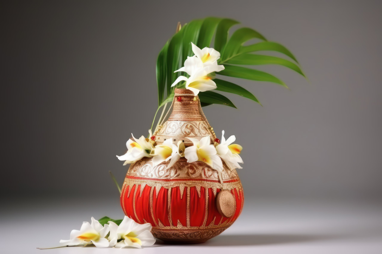 Traditional kalash adorned with coconut leaf and floral decor for auspicious occasions and religious ceremonies, gudi padwa traditional decoration photo