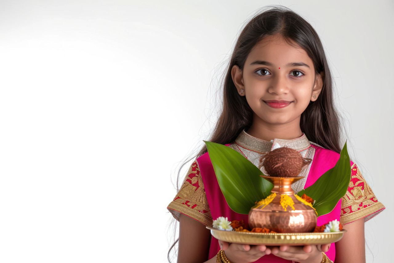 Festive decoration with haldi kumkum flowers and leaves for worship creating a vibrant and auspicious atmosphere with copy space, gudi padwa traditional decoration picture
