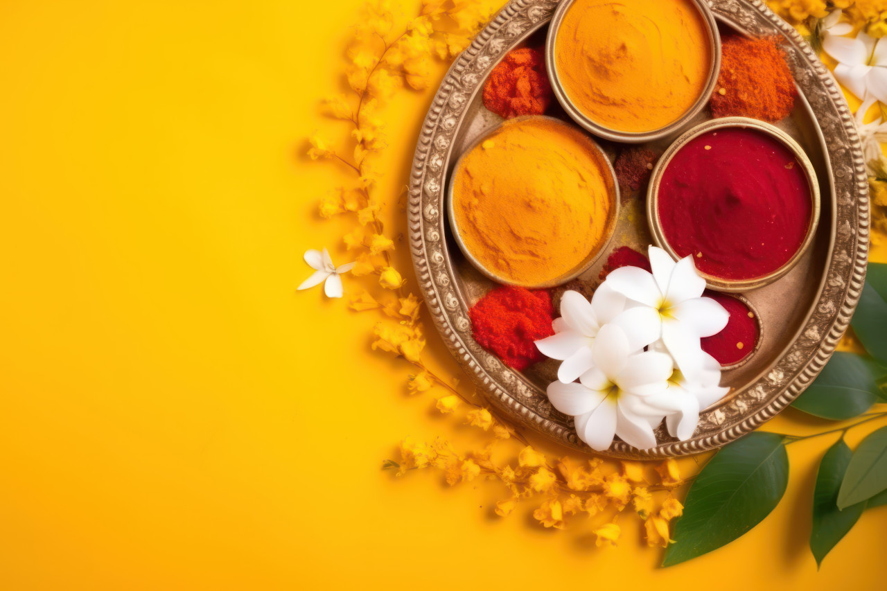 Festival celebration with haldi kumkum flowers and leaves for worship creating a beautifully decorated space with copy space, gudi padwa