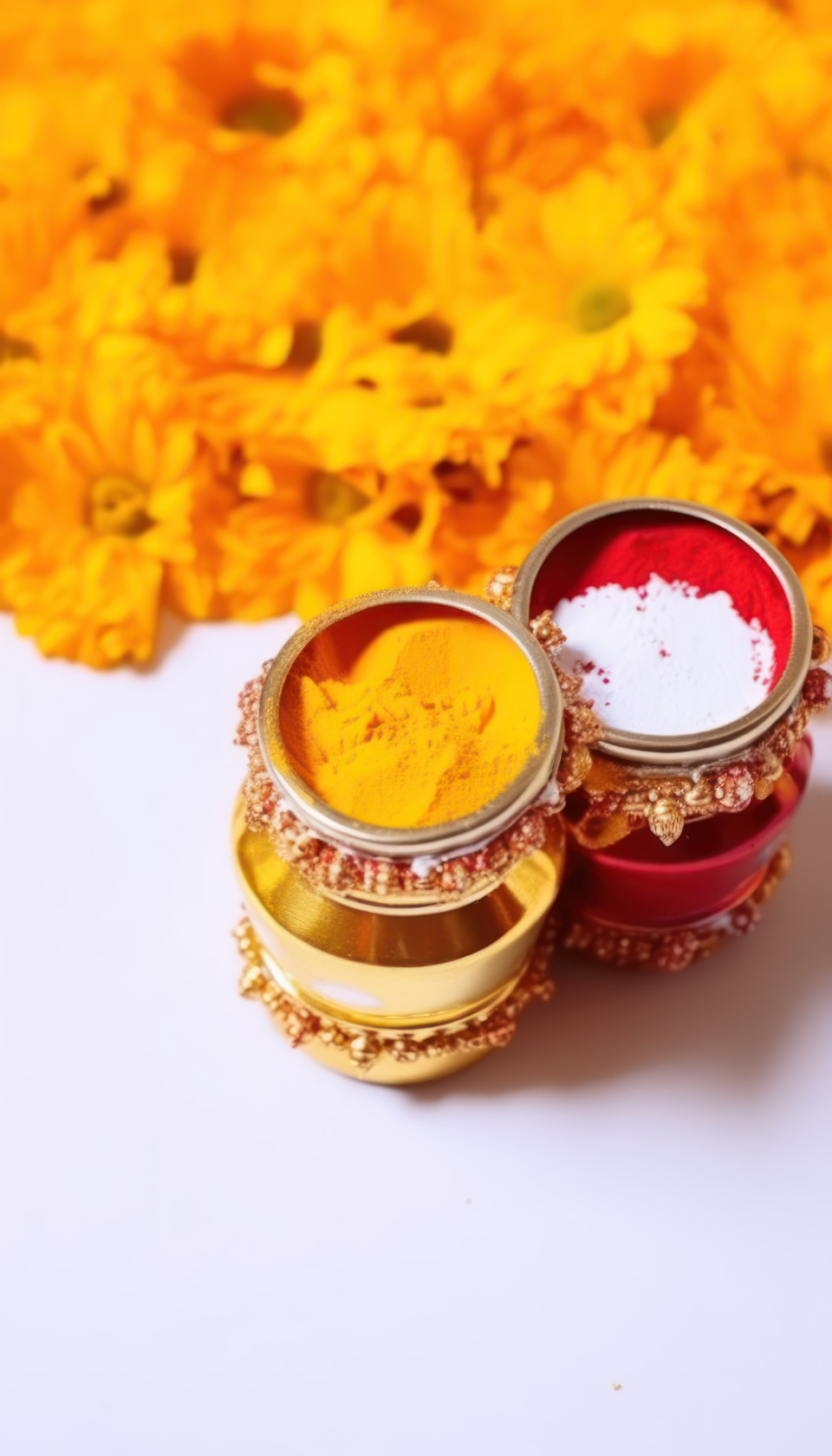 Haldi kumkum and flowers are essential for festival worship offered to god during prayer for a joyous celebration, gudi padwa traditional decoration concept