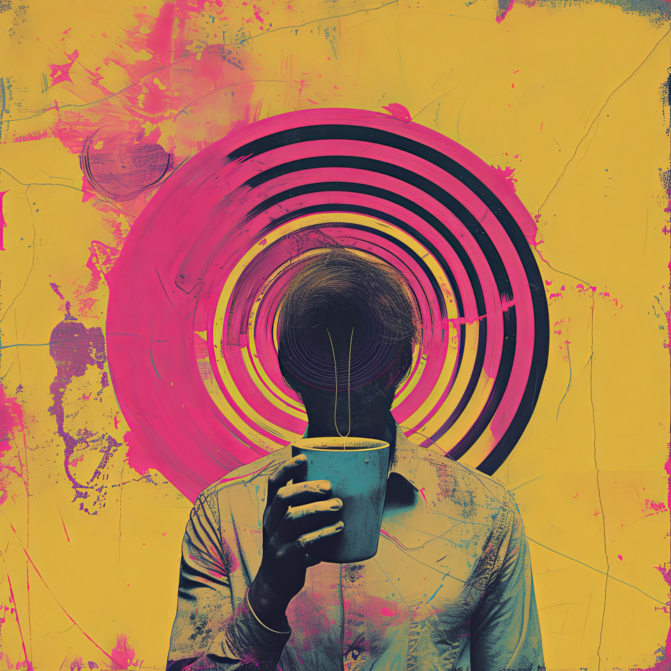 Minimalist illustration of man with coffee cup exploring with intertwining string inside