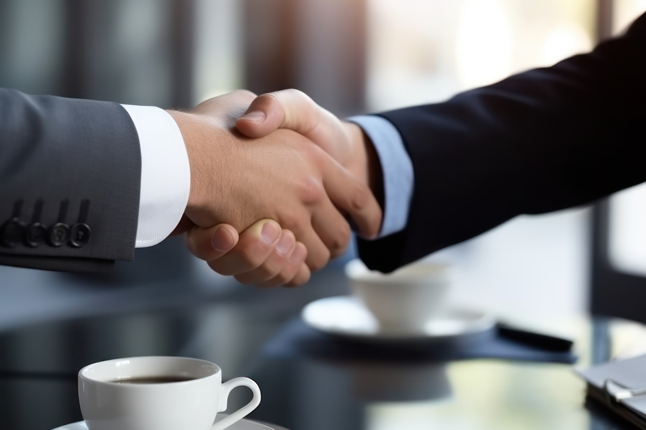 Two business partners shake hands over a table sealing a successful deal in a professional meeting, acceptance photo
