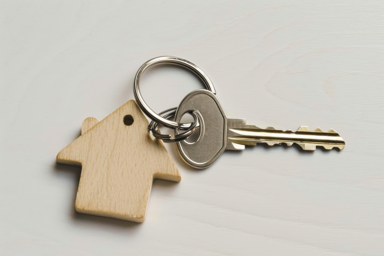 House shaped key chain attached to a key symbolizing home ownership and security, openness acceptance concept