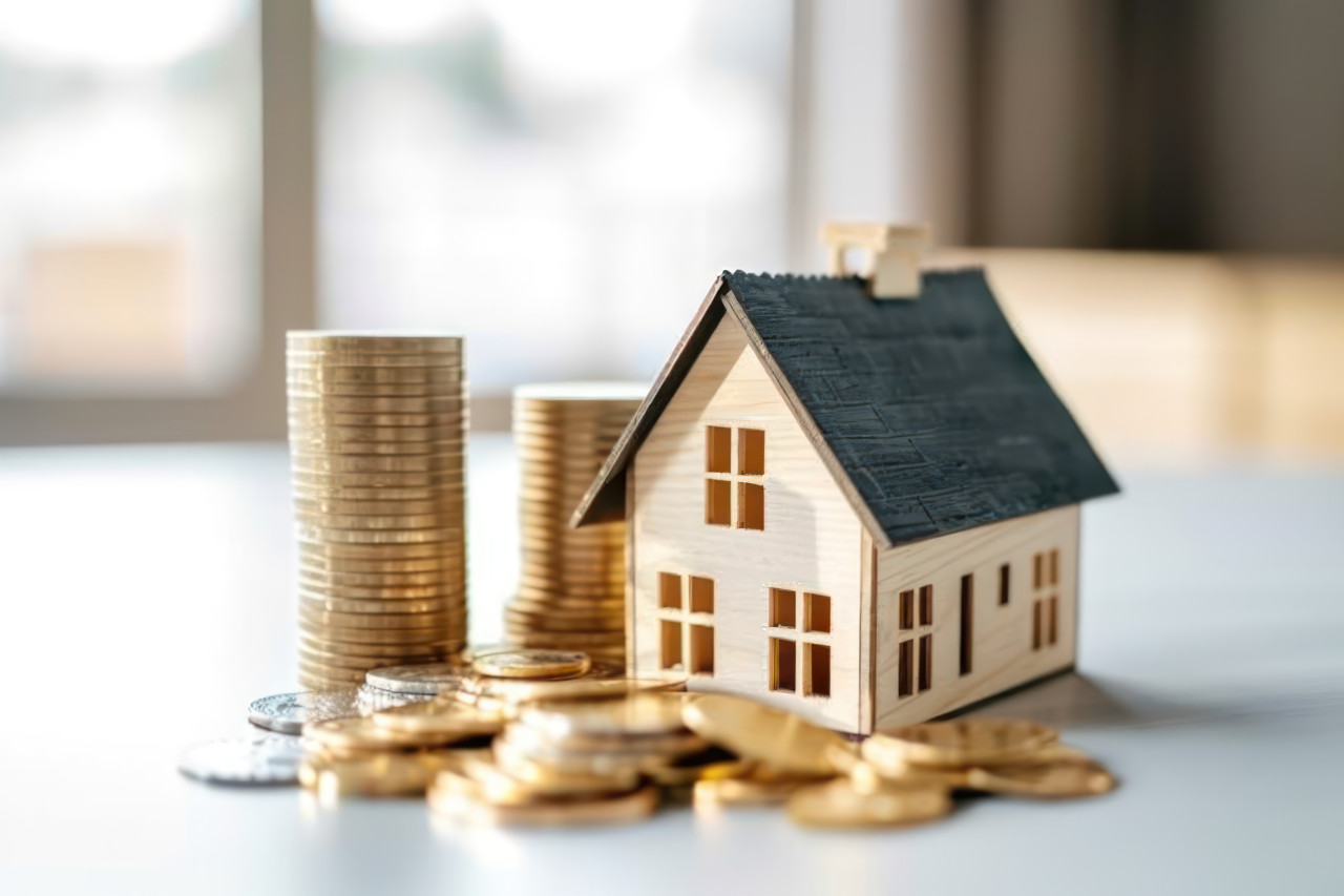 House concept buying selling and saving for a home money and house transactions illustrated in a simple clear way, debt acceptance concept