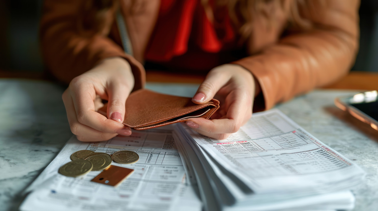 Woman holds empty wallet and bills showing the impact of rising heating gas and electricity prices, financial difficulties concept