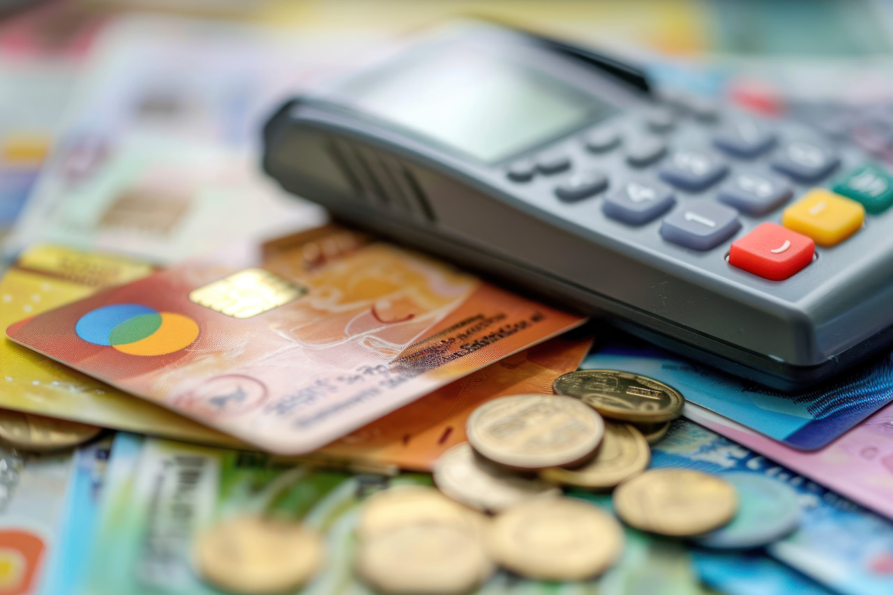 Various payment methods including credit cards cashand mobile payments displayed together, financial difficulties photo