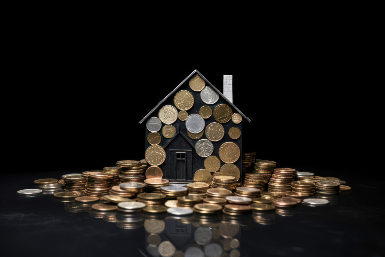 Coins form a house on a black background illustrating the concept of a mortgage for homeownership, debt acceptance concept