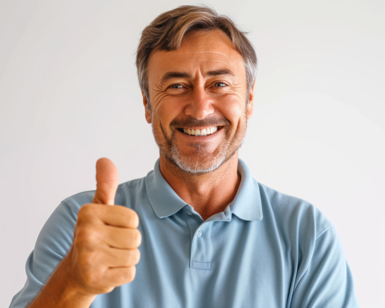 Happy man smiling giving a thumbs up gesture in isolation on a white background, age acceptance concept