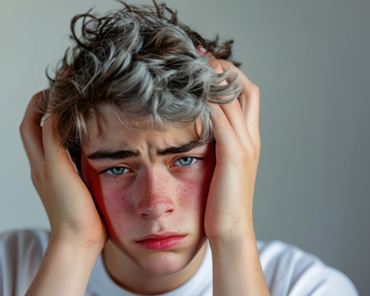 Teenager man in emotional pain suffering from headache and migraines, mental health acceptance concept