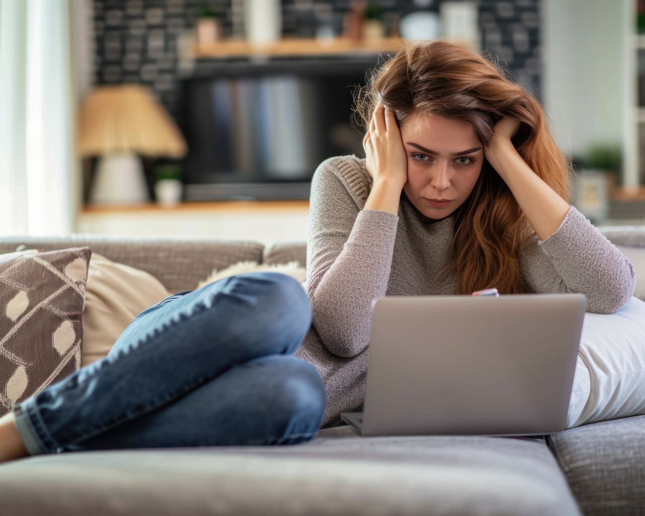 Upset woman at home using smartphone and laptop feeling down, mental health acceptance concept