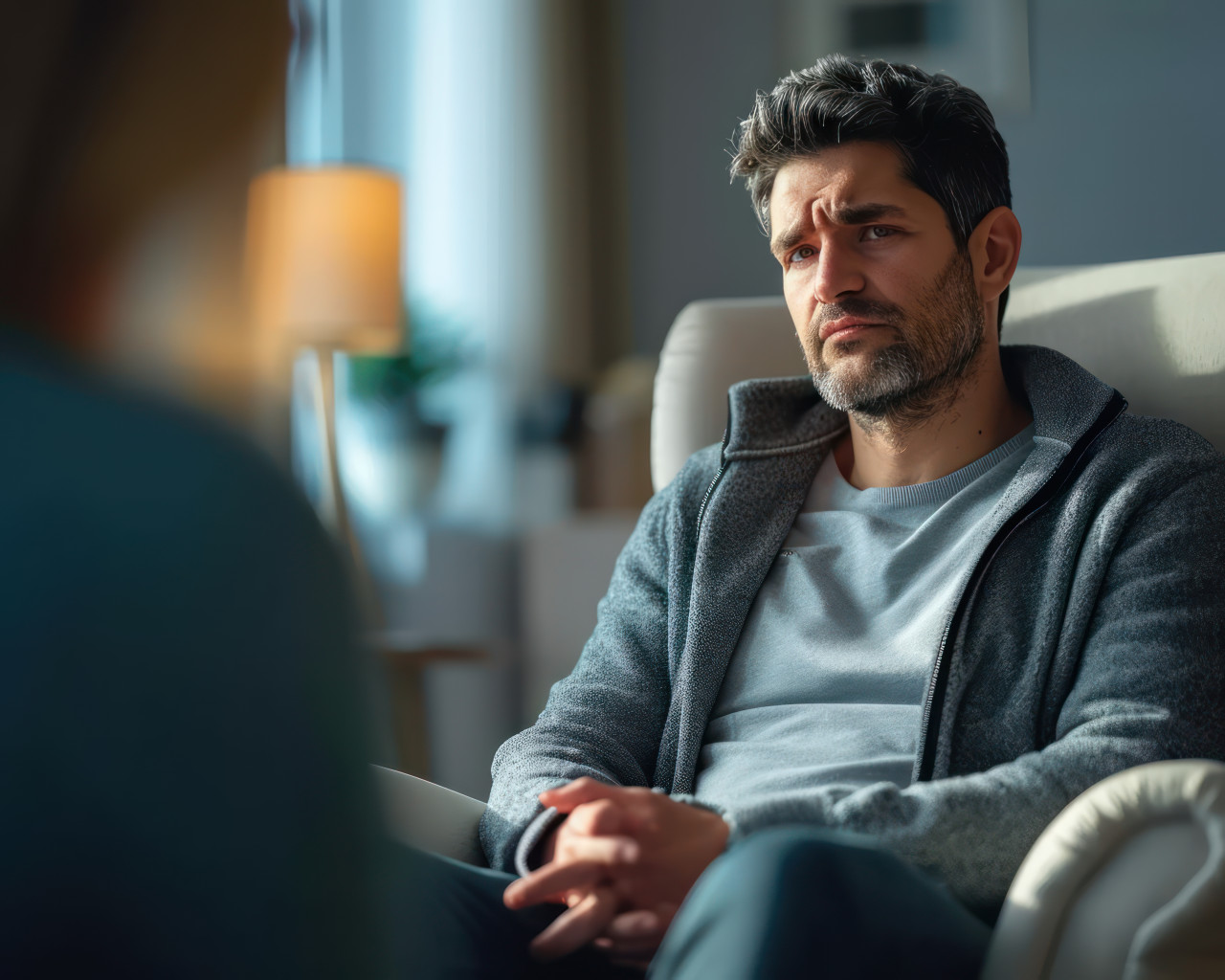 Man receiving emotional support for depression during therapy session focusing on mental health and well being, mental health acceptance photo