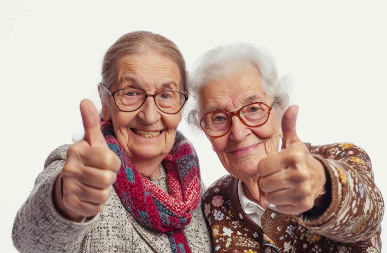 Two women happily giving each other thumbs up in a positive gesture of approval and encouragement, age acceptance photo