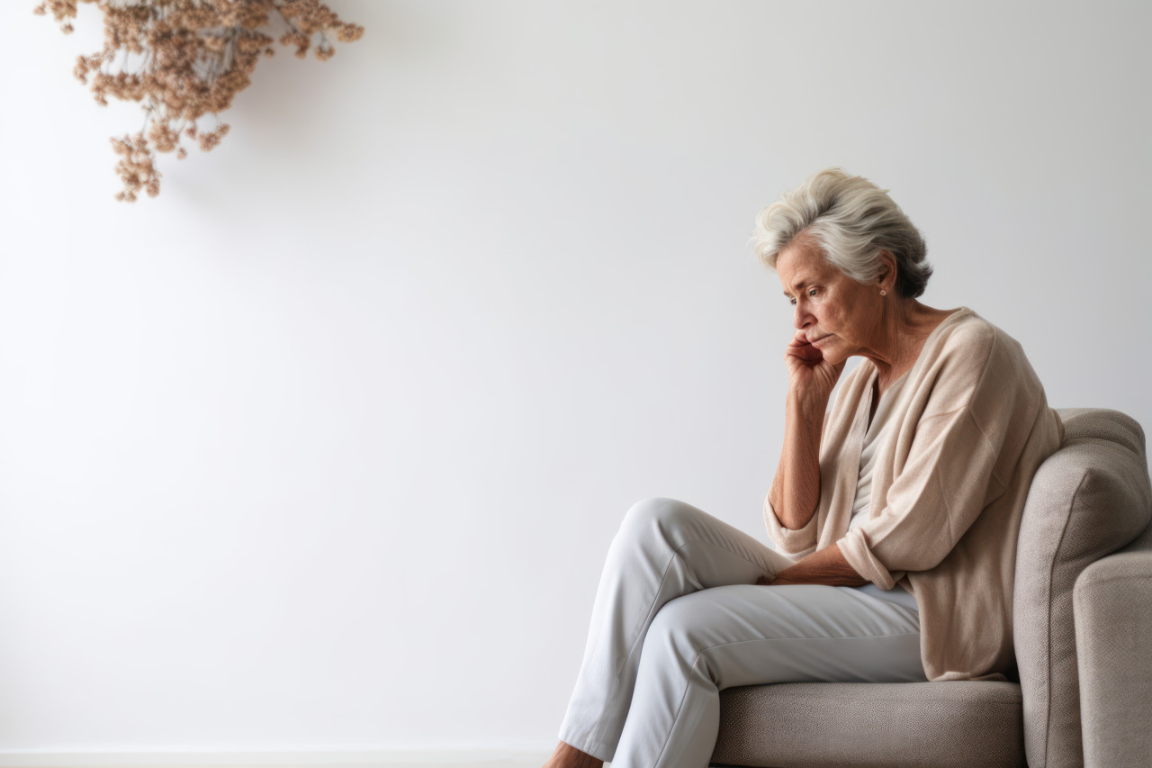Lonely senior woman in her 60s sitting sadly on the sofa, grief and loss acceptance photo