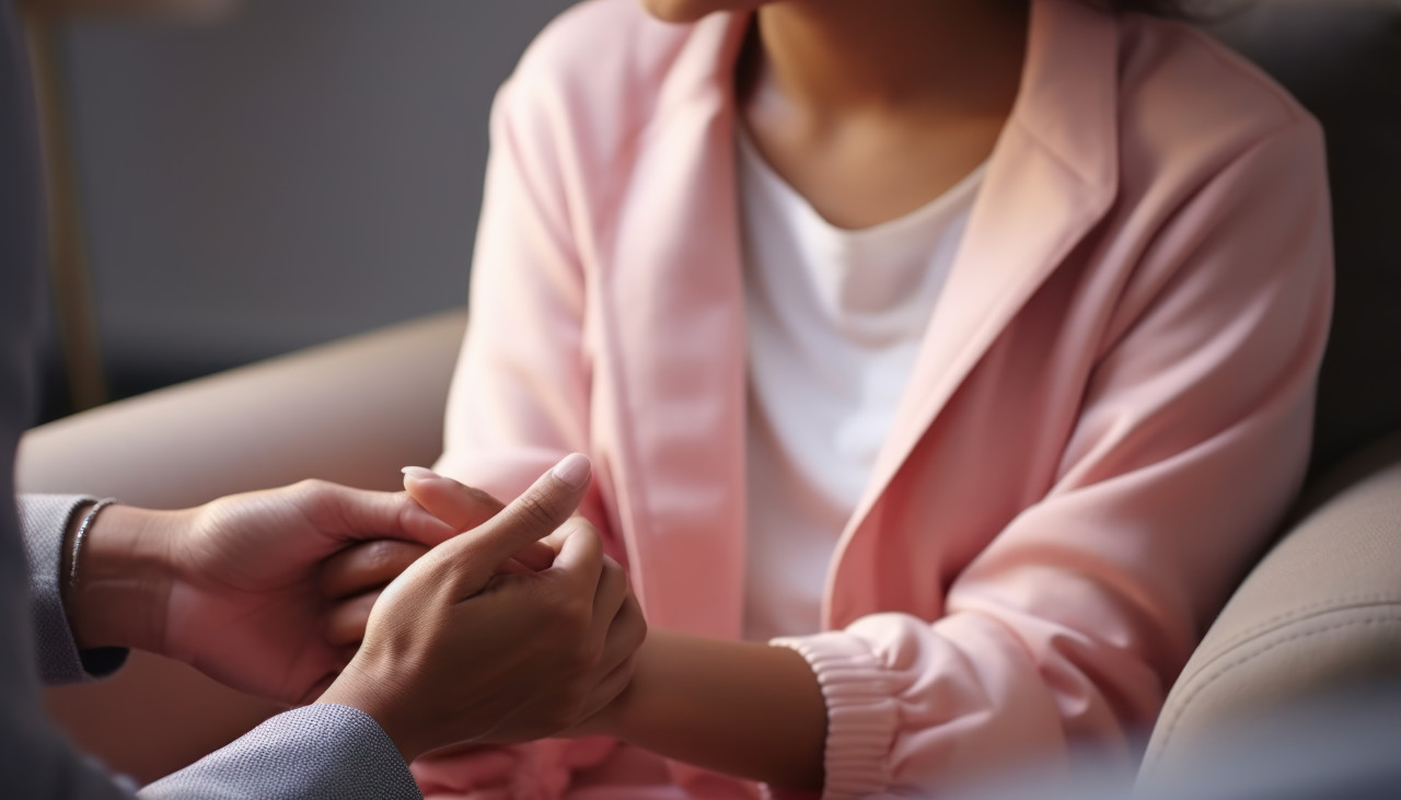 Biracial female psychologist holds palms of woman or girl providing support and guidance, grief and loss acceptance concept
