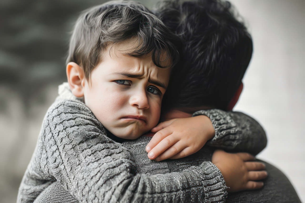 Upset little boy crying on his father shoulder seeking comfort and reassurance in a tender moment of parental support, forgiveness photo