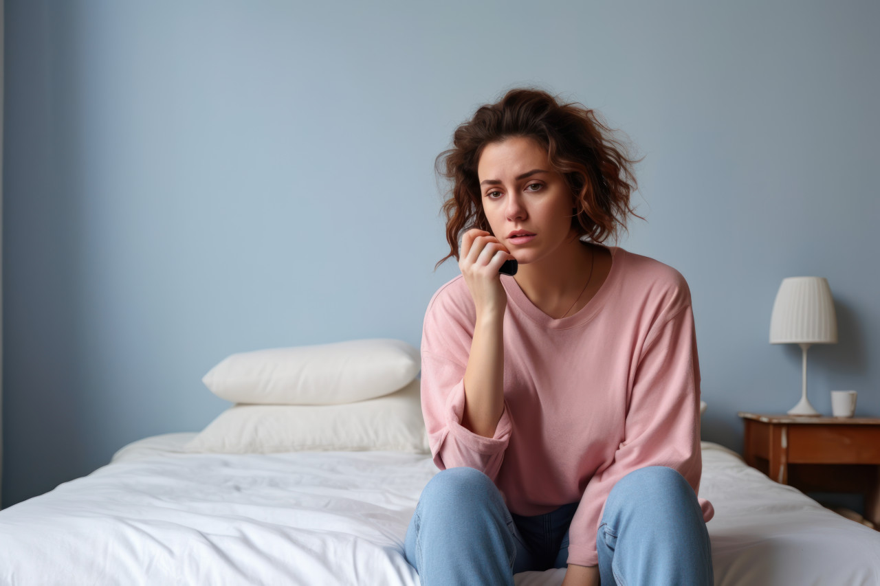 Millennial woman sits on bed holds phone coping with grief and loss upset after unpleasant phone talk lost in thoughts, grief and loss acceptance concept