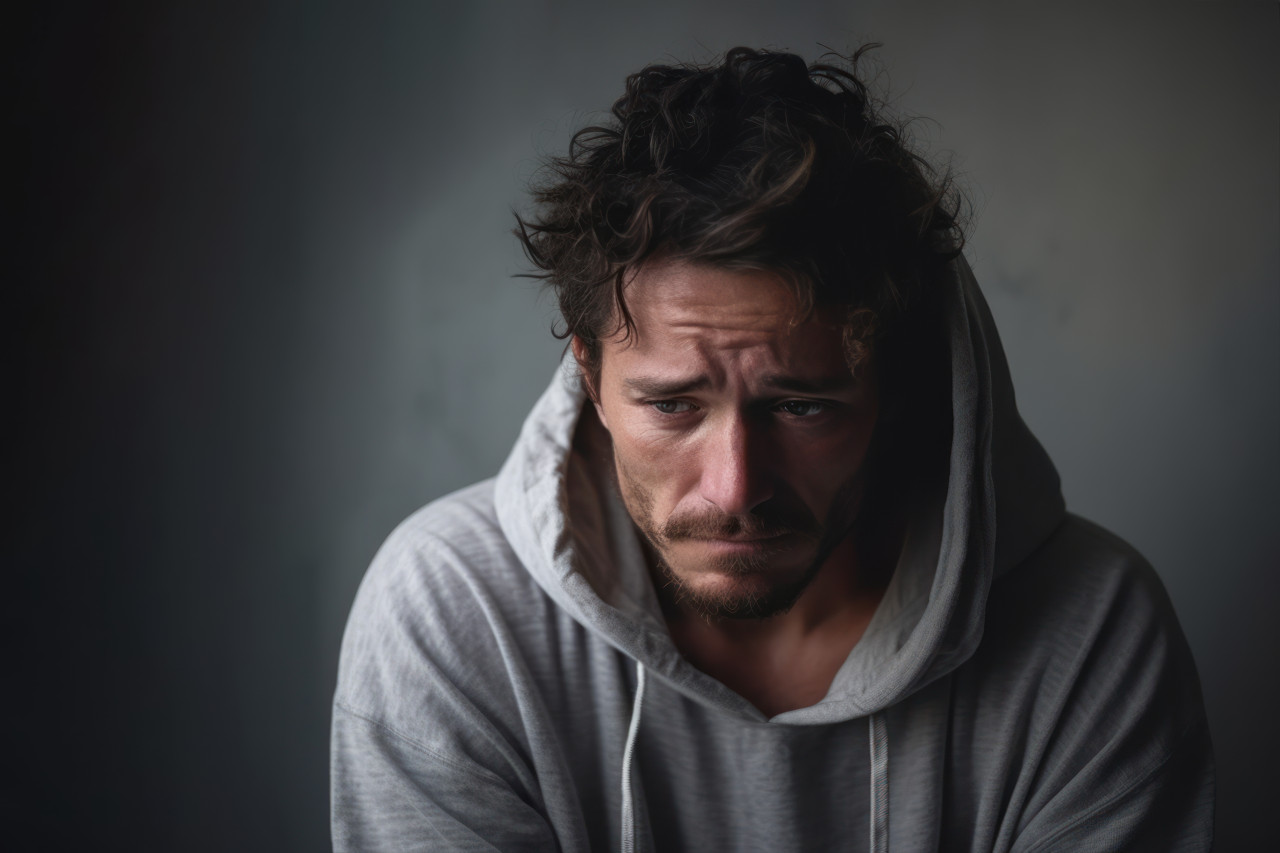 A man expressing deep sadness and facing the challenges of depression in a powerful portrait, grief and loss acceptance photo