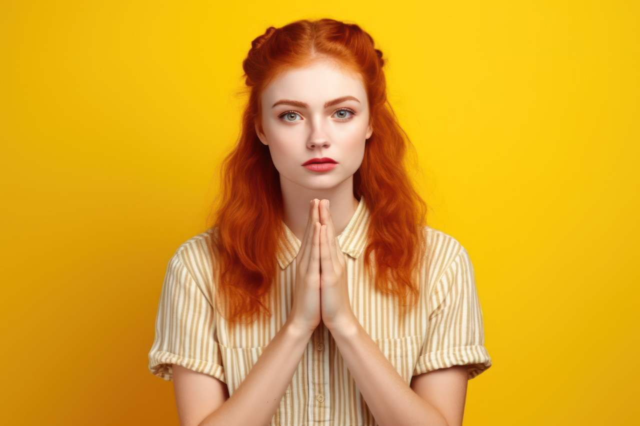 Desperate ginger girl in shirt prays for forgiveness expressing sorrow for a mistake in a studio shot on yellow background, mistakes and apologies acceptance concept