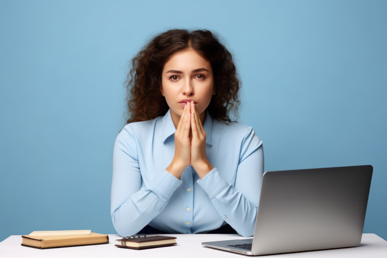 Young woman employee at workplace holds hands in praying gesture pleading for help with a desperate face on blue background, mistakes and apologies acceptance concept