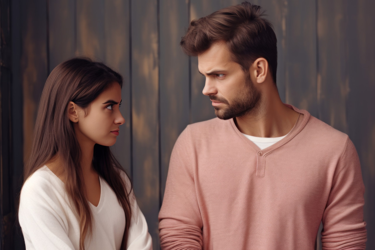 Apologetic man seeks forgiveness from upset woman admitting mistakes and expressing regret after a quarrel, mistakes and apologies acceptance photo