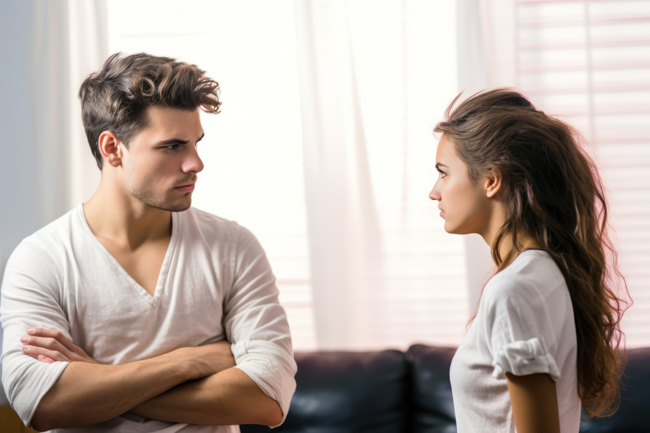 Upset girlfriend forgiving boyfriend emotional relationship, mistakes and apologies acceptance concept