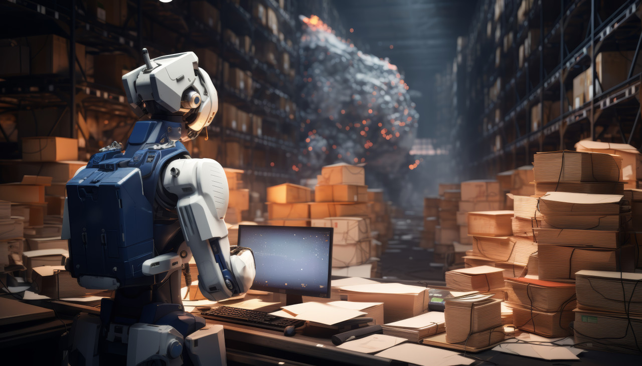 Robot with computer screen navigating a warehouse for efficient operations, robot working with human in factories picture