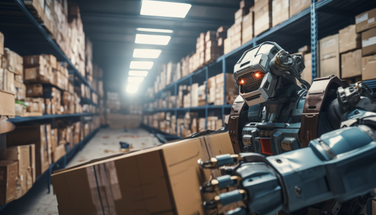 Robots in a warehouse picking up and moving boxes into boxes with precision and efficiency, robot working with human in factories image