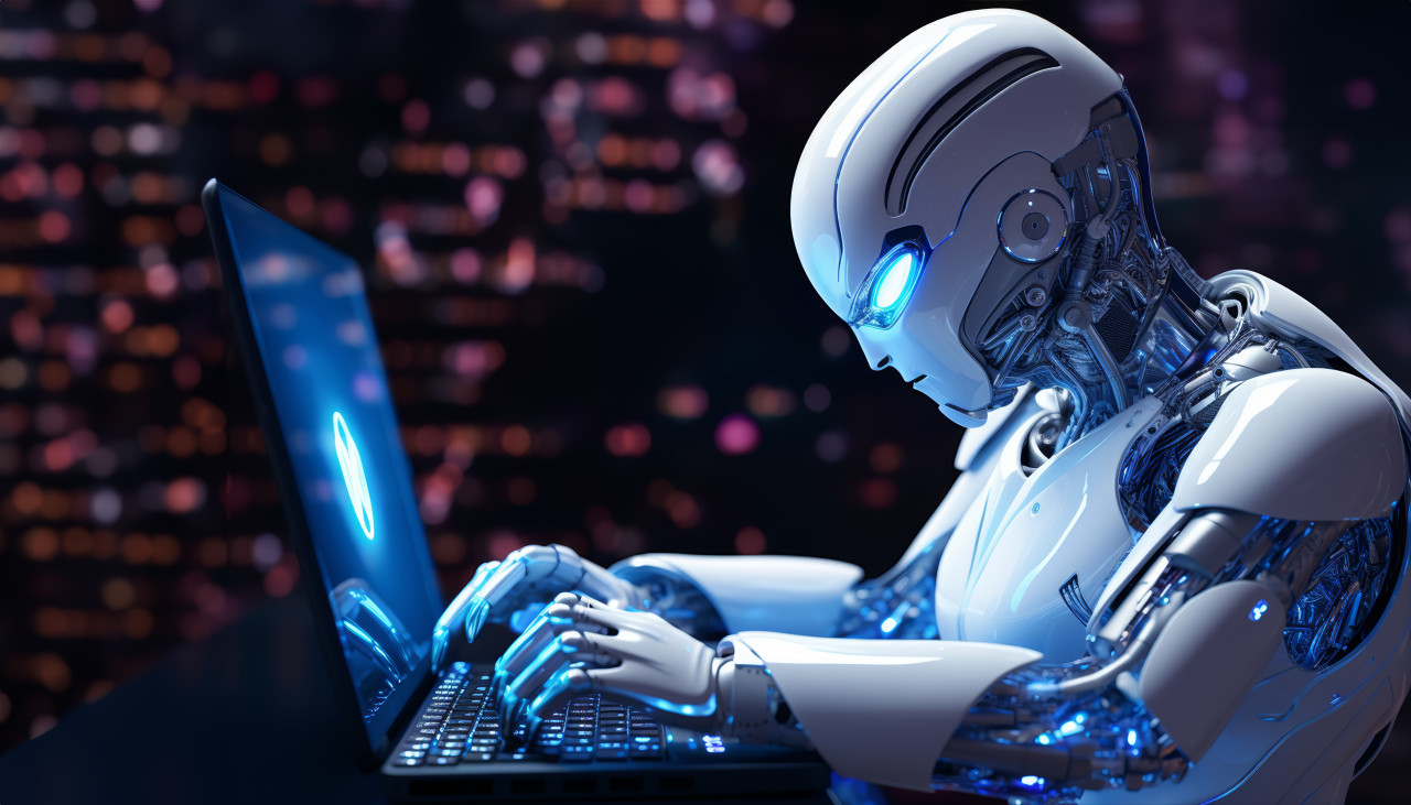 Robot operating desktop on laptop with robotic hand futuristic technology in action, robot working with human in factories picture